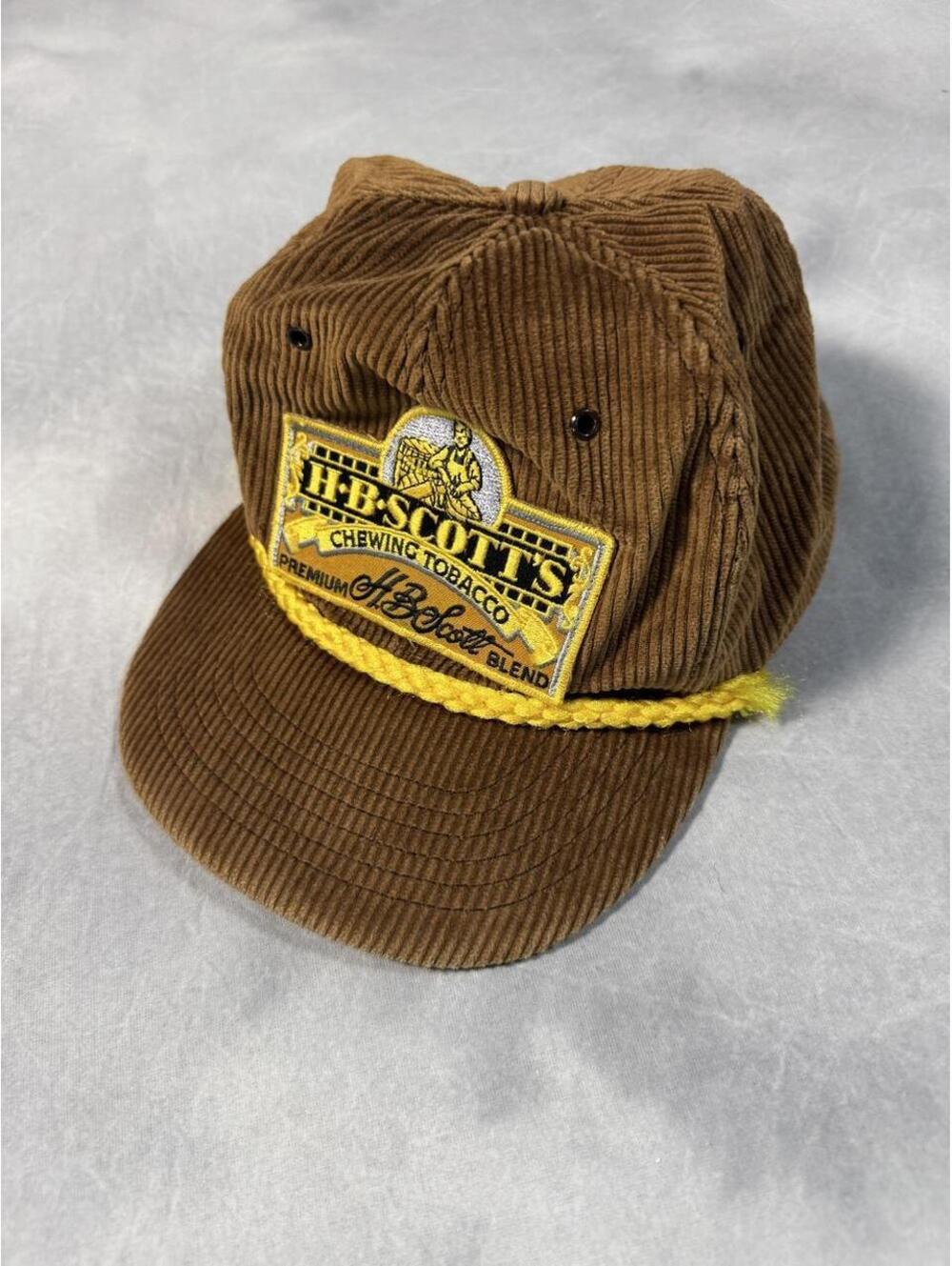 Vintage 80s H.B. Scott’s Tobacco Brown Corduroy Rope Snapback Hat